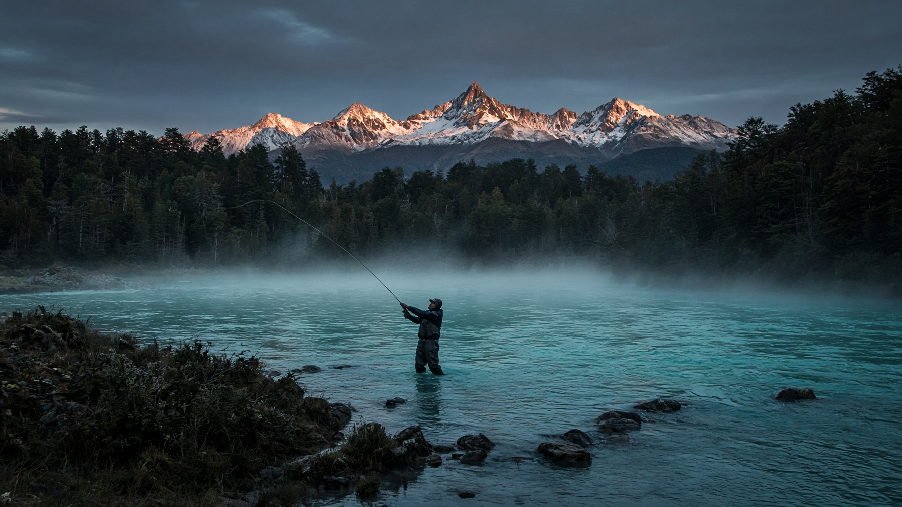 Fly fishing at dawn on a Patagonian river in Aysén